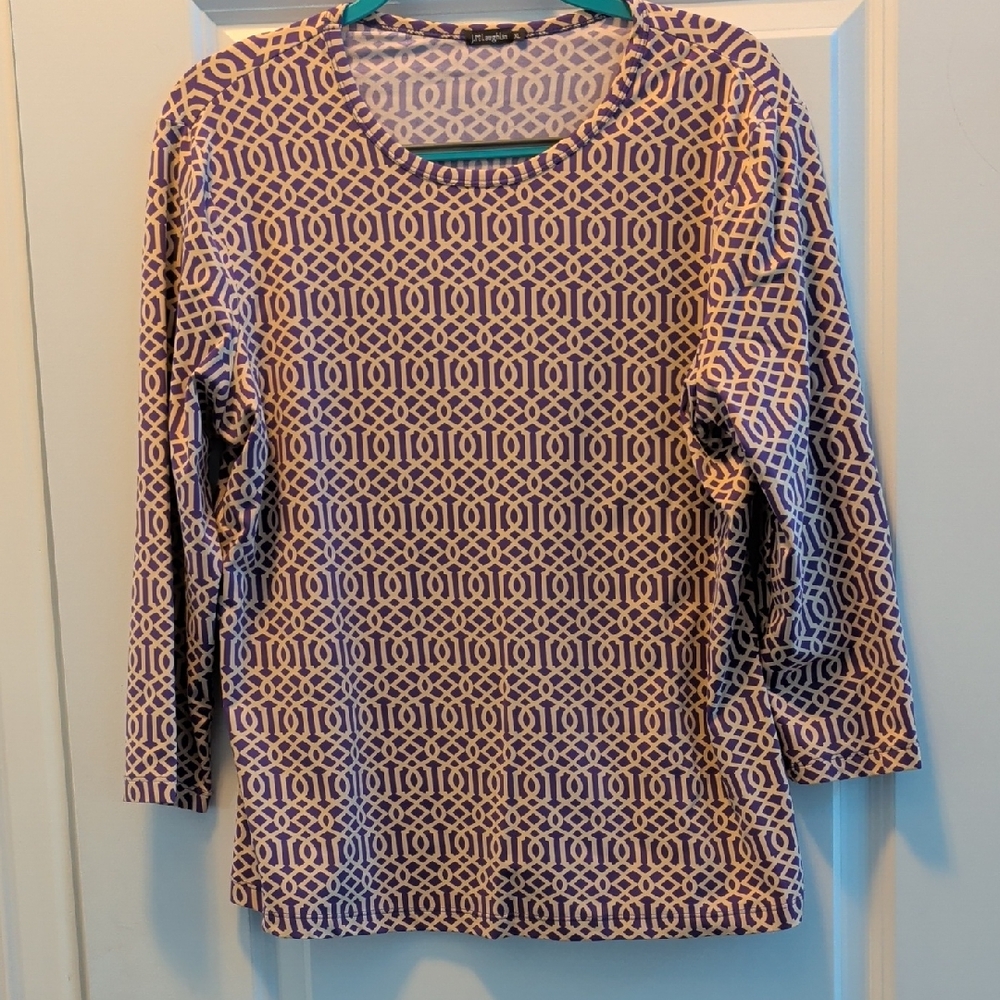 J. McLaughlin Geometric Blue and Cream Long Sleeve Top
